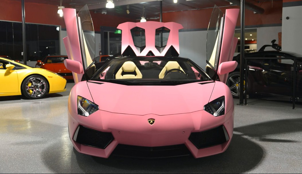 Close-up of Nicki Minaj coloring pink a new Lamborghini